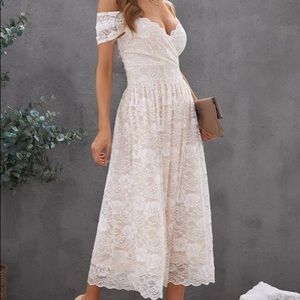 Ivory Off Shoulder Midi Lace Dress